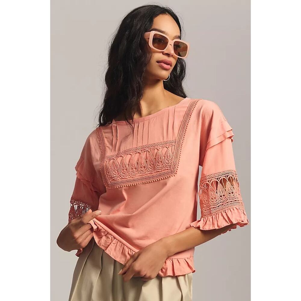 Anthropologie Tiny Pink Boho Lace Ruffle Blouse Sz XS Artsy Whimsy Fairycore